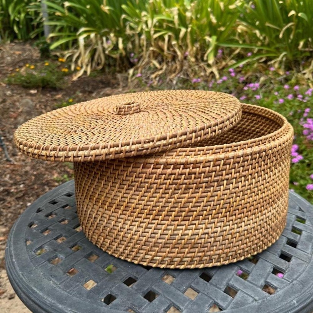 Sturdy Rattan Wicker Basket with Wooden Bottom and Lid